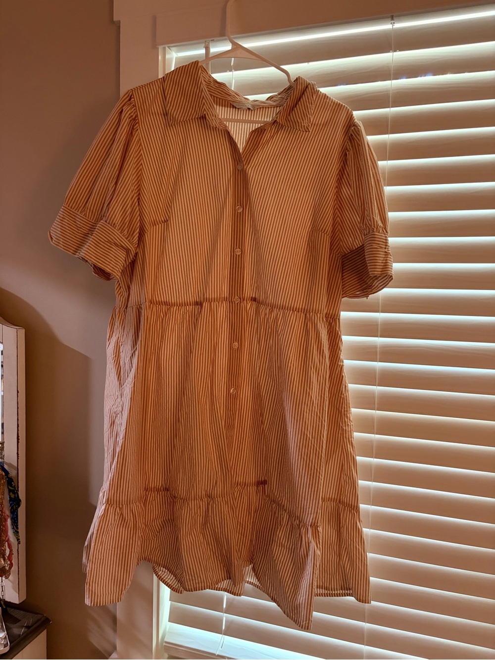 crown & ivy Tan and White Striped Button-Front Midi Dress
